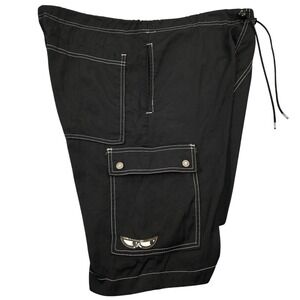 Kik Wear Cargo Shorts Mens Medium Black Hybrid Swim Trunks Y2K Rave USA Made VTG